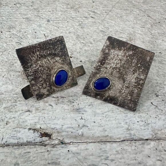 Vintage Signed Sterling And Lapis Modernist Irregular Earrings - Picture 1 of 9